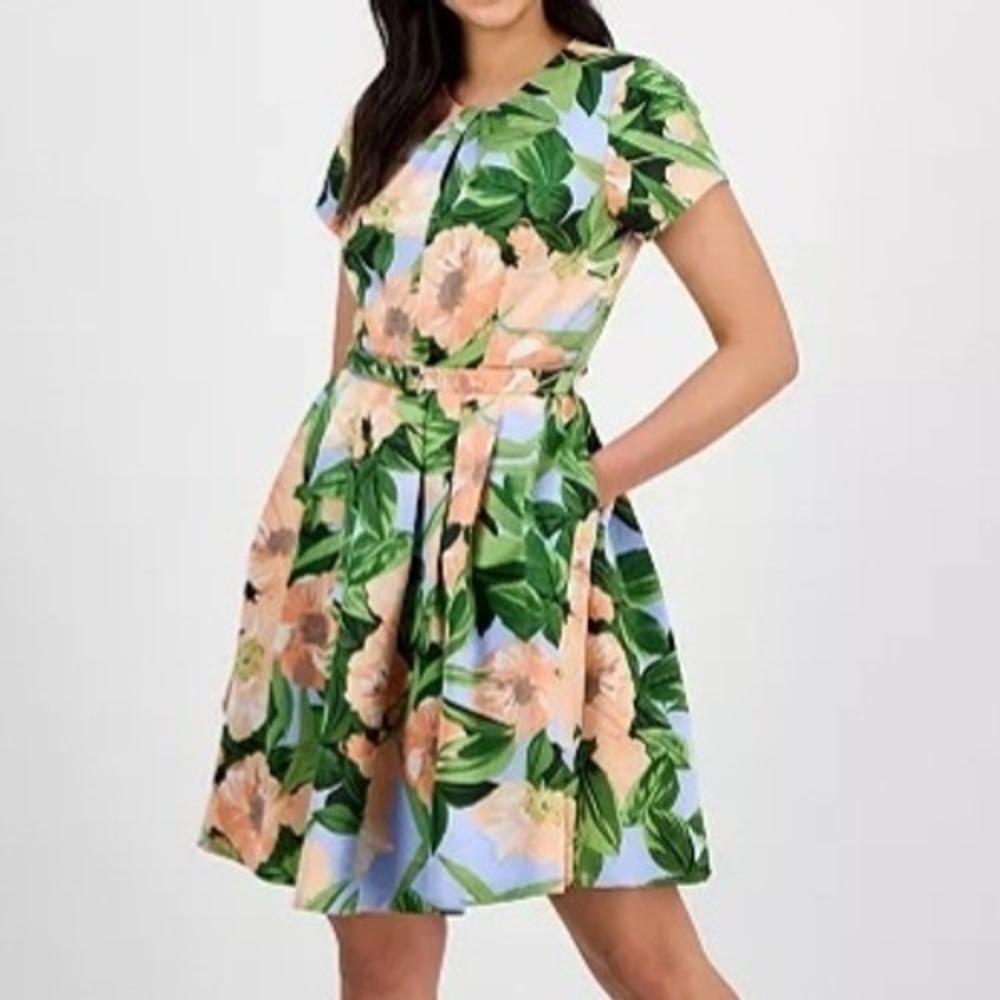 Tahari ASL Floral Belted Pleated Short Sleeve A Line Dress Womens Size 10P NWT